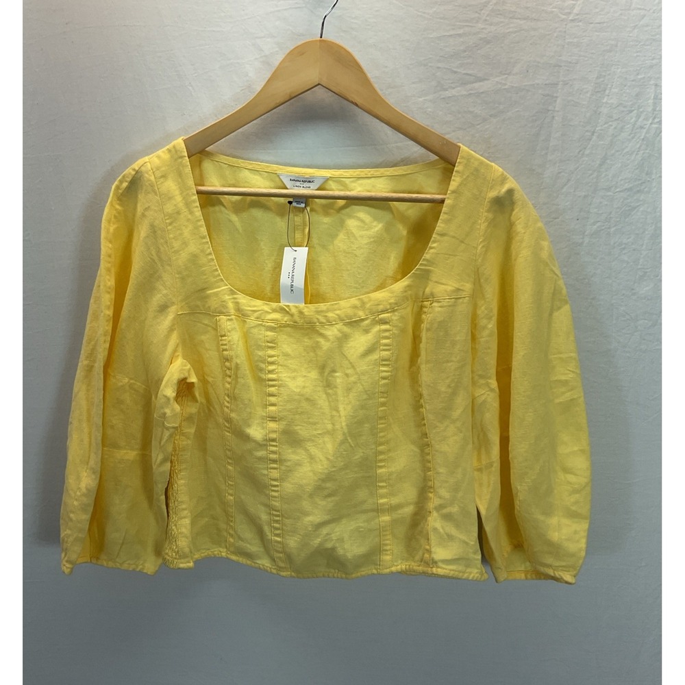 NEW Banana‎ Republic Yellow Puff Sleeve square Neck smocked top blouse 10 linen